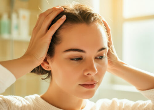 Photo of a woman touching her hair