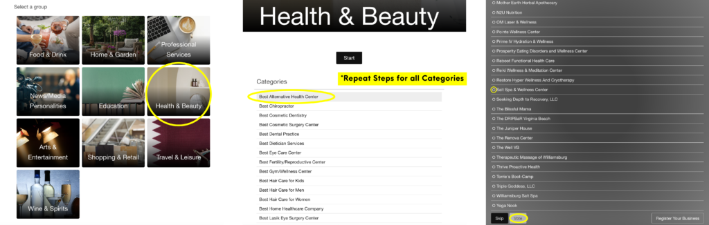 A three-step graphic showing how to vote for Salt Spa as Best Spa in the Coastal Virginia Magazine contest. Step 1: Select the Health and Beauty category. Step 2: Enter the Best Alternative Health Center section. Step 3: Choose Salt Spa and click 'Vote' to complete your submission. Repeat these steps for the categories of Best Med Spa and Best Spa.